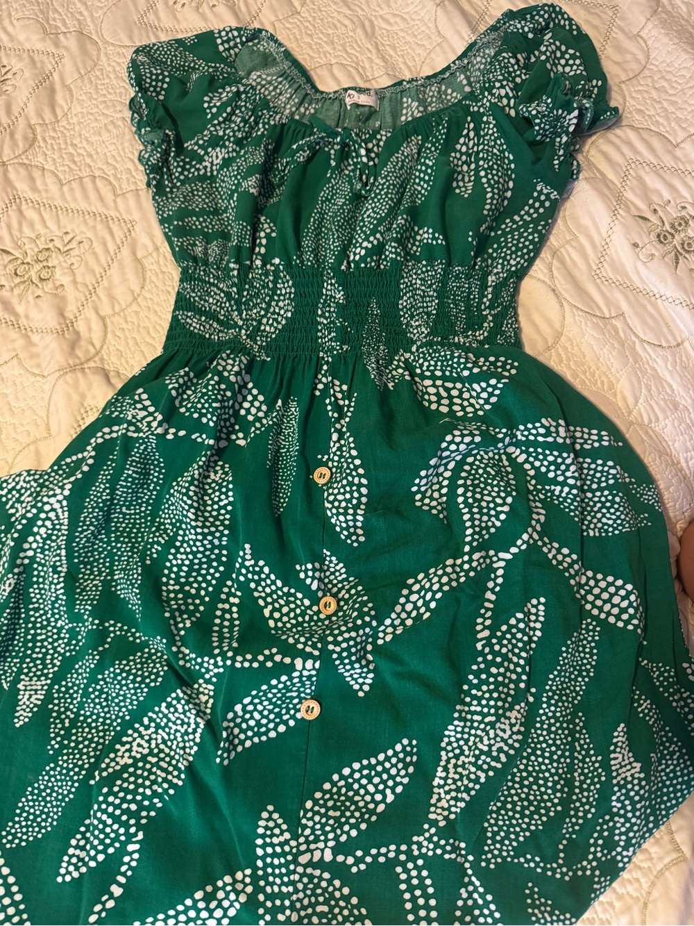 Emerald Green Printed Smocked Midi Dress with Button Front